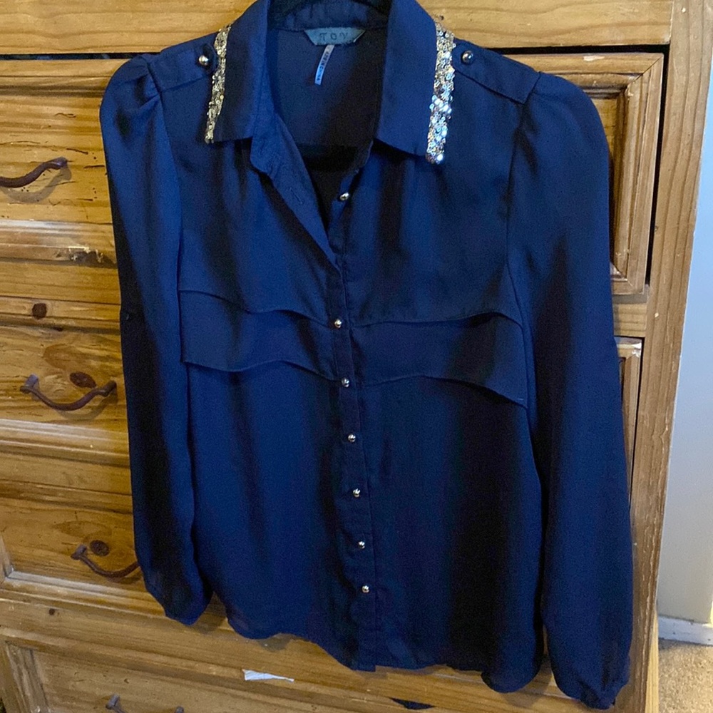 🔥 5/$25 Sheer navy blue blouse with gold detail